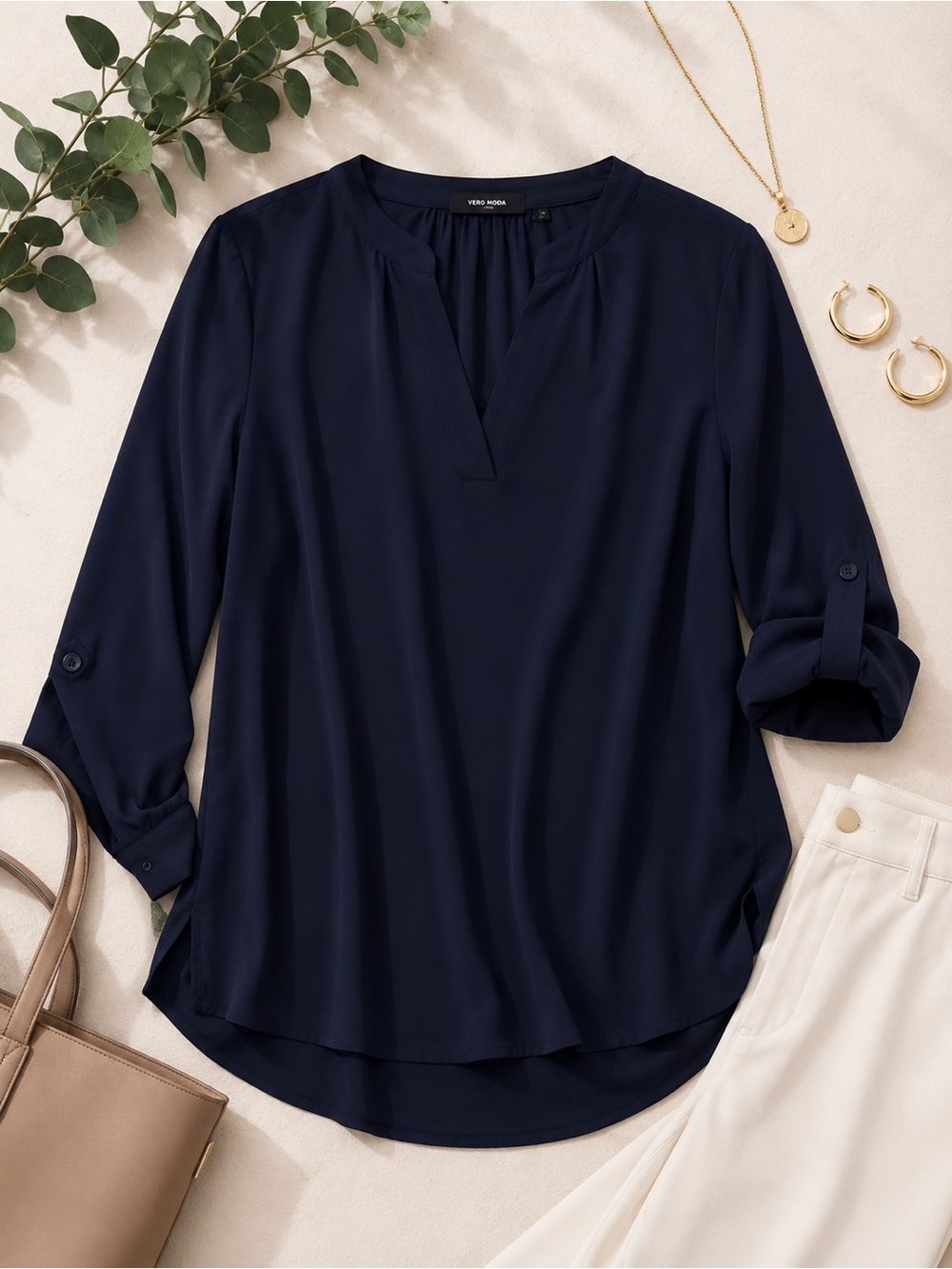 Vero Moda Navy Notch Neck Roll Tab Blouse XL